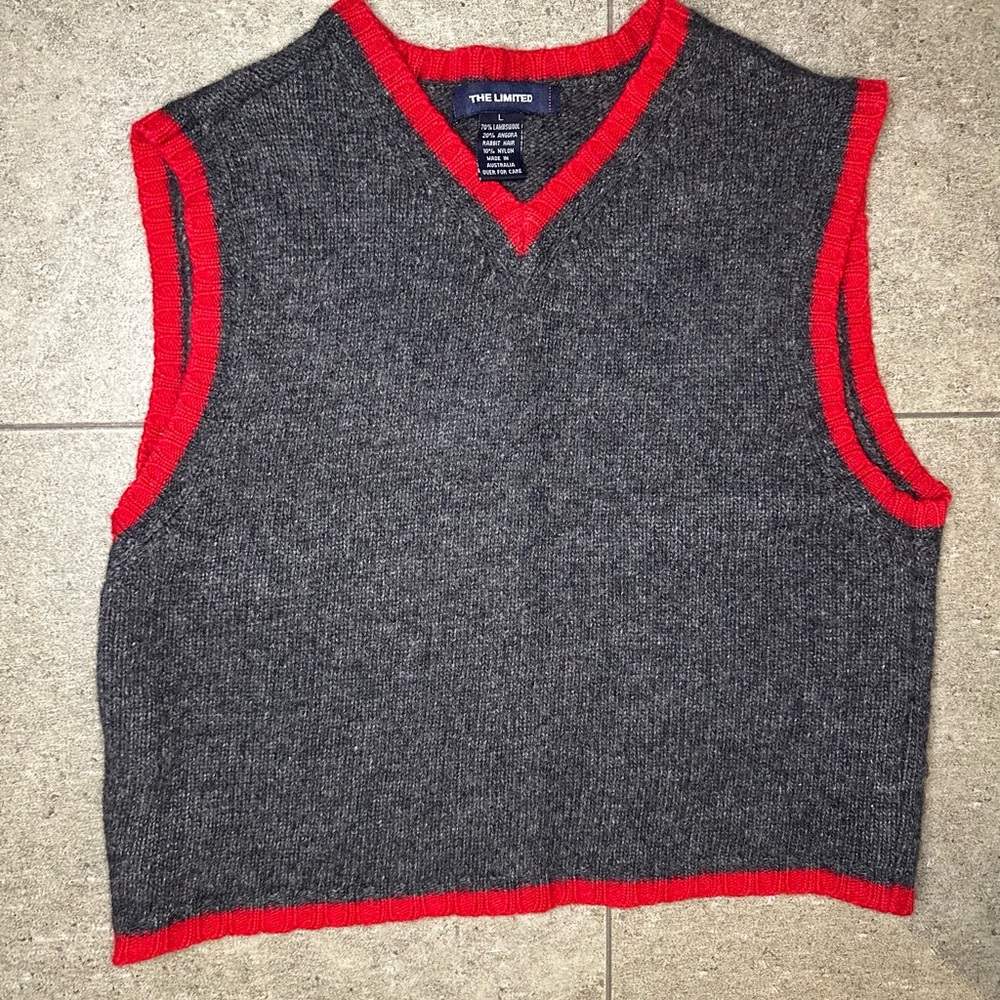 Y2K The Limited Women’s Gray Cropped Sweater Vest Red Trim Lambswool Blend Large